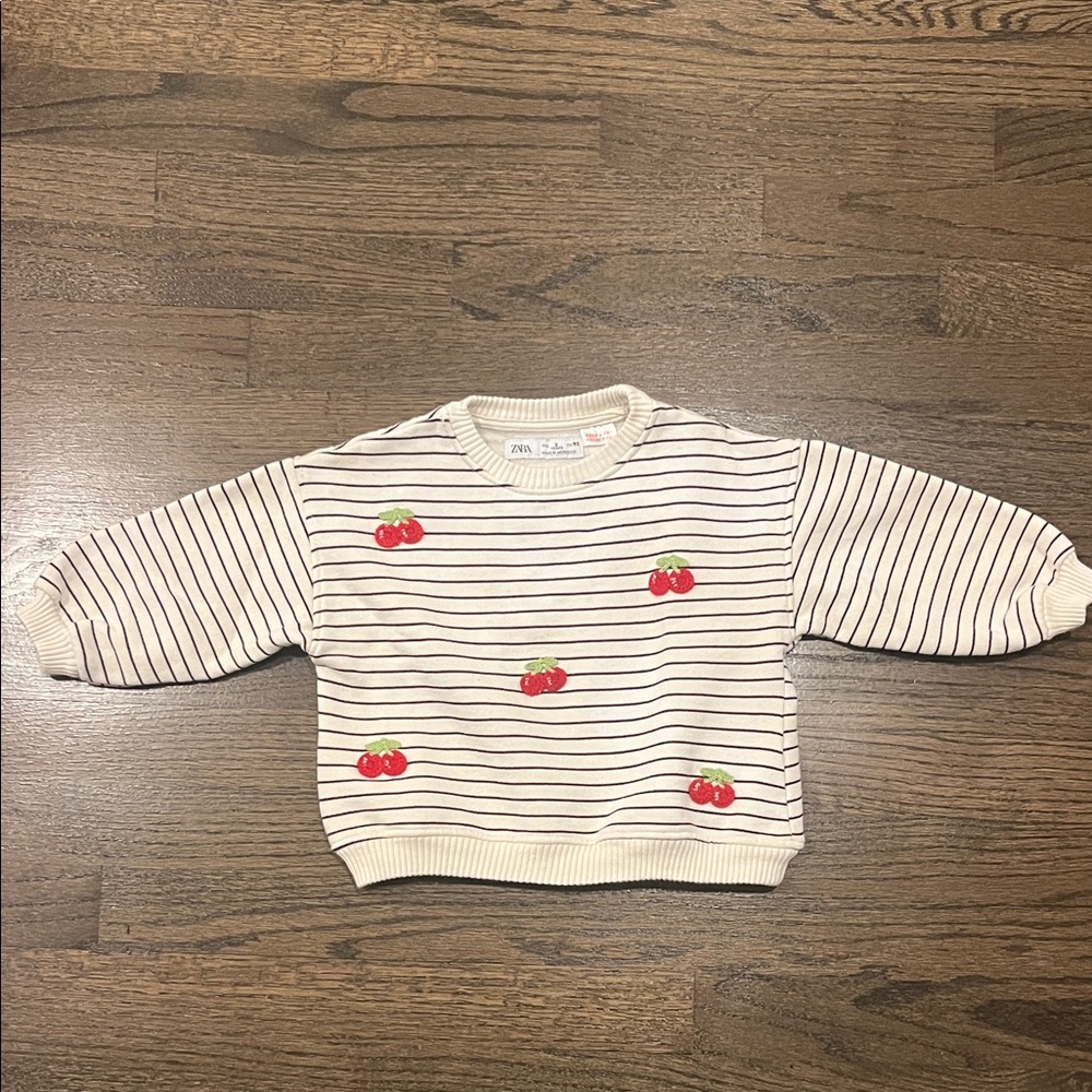 Zara Kids Cream and Black Striped Cherry Sweatshirt